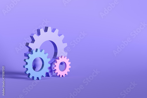Pastel colored gears or cogwheels on purple background. Industrial automation, progress and technology concepts.