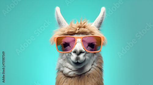 Cheerful llama alpaca in sunglasses on a bright background with a pink bow tie Humorous postcard 