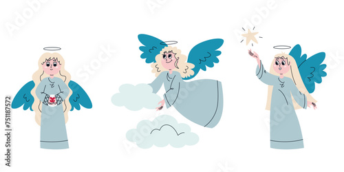 Angel in different poses. Cute character in doodle style.