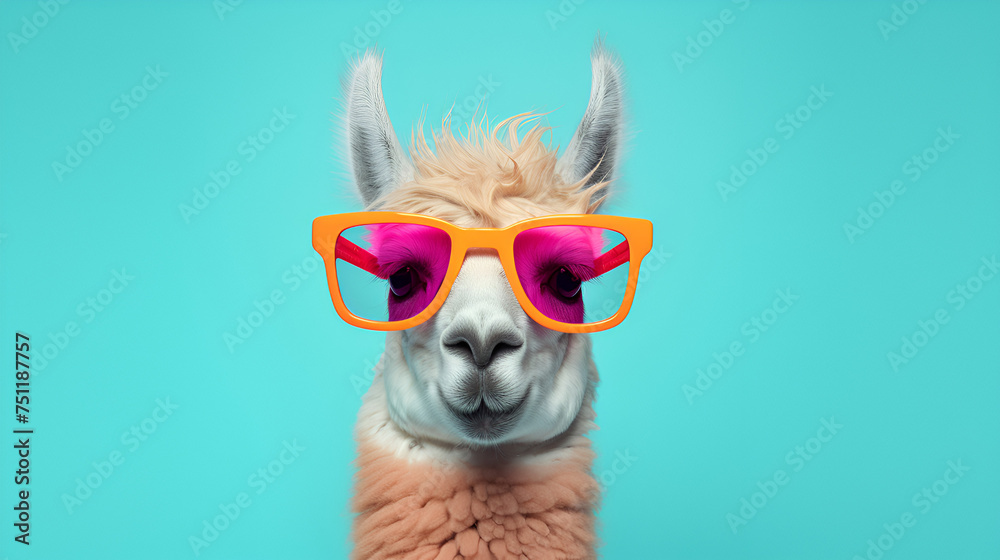 Alpaca head with sunglasses on blue sky background Simple alpaca head with sunglasses, A camel wearing sunglasses with a pair of red sunglasses.
