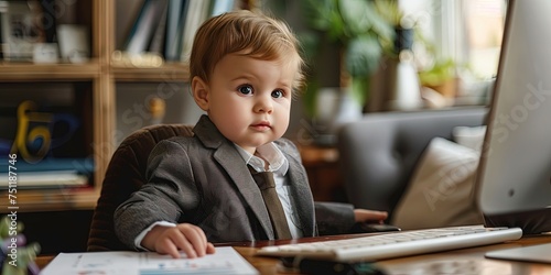 Young male child in a business suit playing chief executive officer of a corporate enterprise