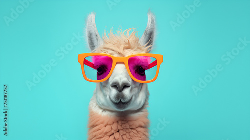Alpaca head with sunglasses on blue sky background Simple alpaca head with sunglasses, A camel wearing sunglasses with a pair of red sunglasses.  © muhammadjunaidkharal