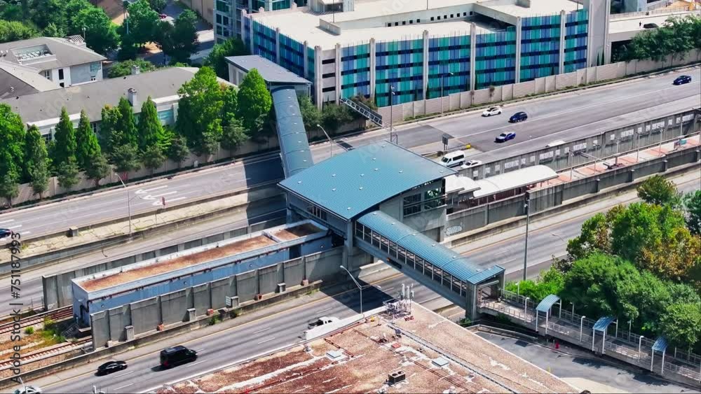 Bridge of train station over american highway in summer. Aerial view. Georgia, USA. Bridge of train station over american highway in summer. Aerial view. Georgia, USA.