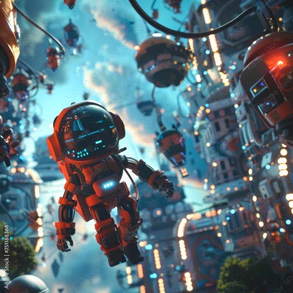 A humanoid robot with astronaut features hovers amidst a bustling, futuristic cityscape with illuminated structures and floating buildings against a blue sky.