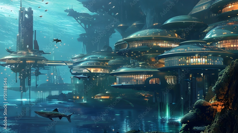 Futuristic City in a Underwater World, This image would be perfect for designers looking to convey a sense of advanced technology, futuristic design,