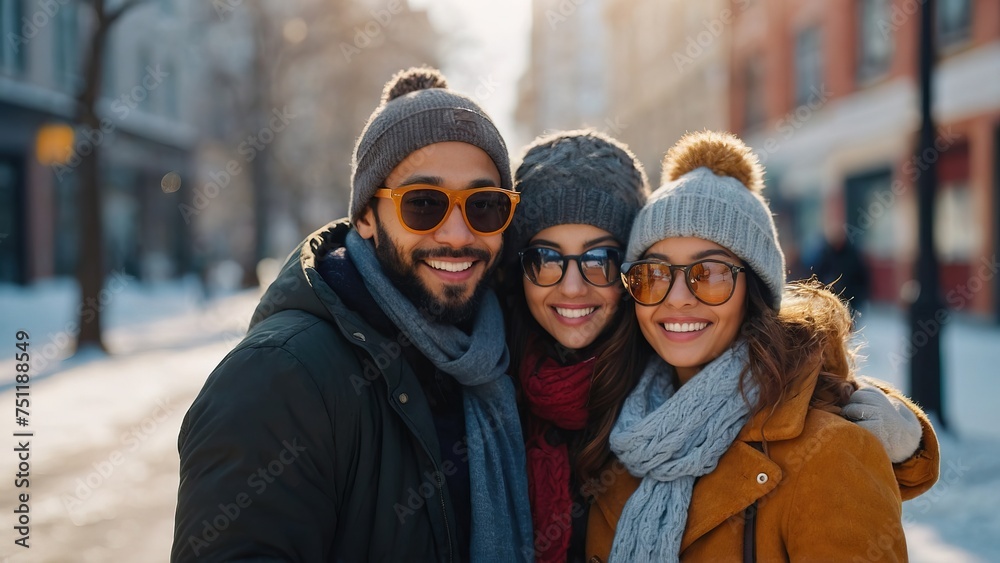Group of friends having fun together outdoors winter city street Group of friends having fun together outdoors winter city street