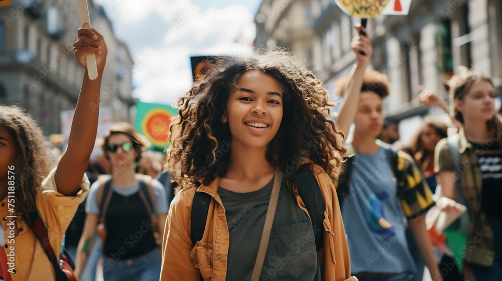 Fototapeta premium Young Woman Protesting with Vibrant Energy, To convey a message of activism, community, and youthful energy towards social change and environmental