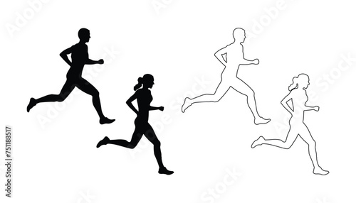 Runners  silhouettes and lines of men and women running on a white background. People jogging  full body  side view. Vector illustration.