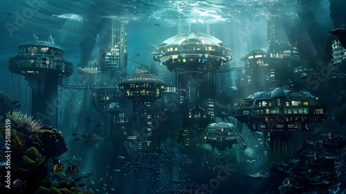 Futuristic Underwater City A Settlement Beneath the Waves, For use in advertising, editorial, and thematic content related to technology,