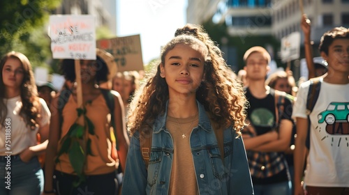 Girl with Protest Sign at Youth Summit, To highlight the importance of youth activism and collective action for climate change awareness and photo
