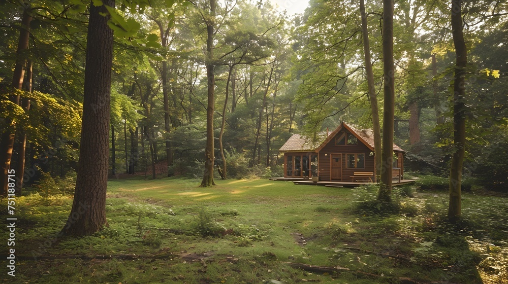 Idyllic Small Cabin in the Woods, To capture the essence of secluded living, and the harmony between human ingenuity and the natural world in a