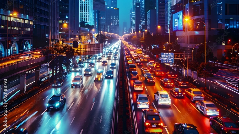 Bustling City Night Traffic in the Style of Light Red and Dark Azure