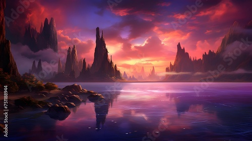 Fantasy landscape with lake and mountains at sunset. 3d illustration
