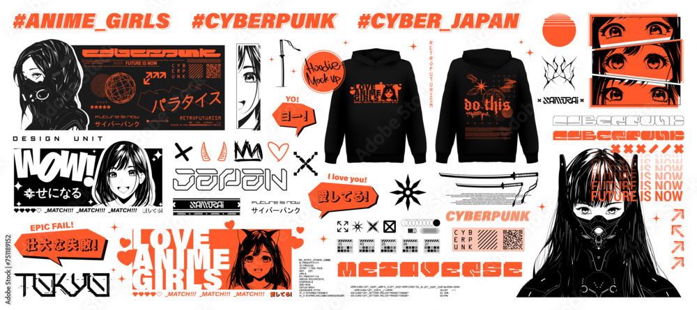 Obraz premium Futuristic anime cyberpunk elements for t-shirt, clothes, streetwear. Cyberpunk, manga, kawaii, anime concept. Translation from Japanese - future is now, paradise, epic fail, i love you, yo, be happy