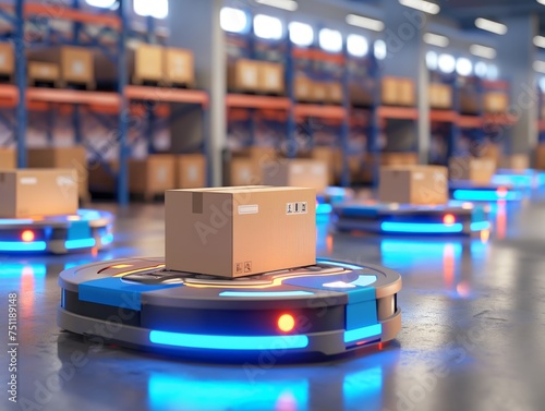Futuristic automated robots efficiently sorting packages in a high-tech warehouse, revolutionizing logistics © cherezoff