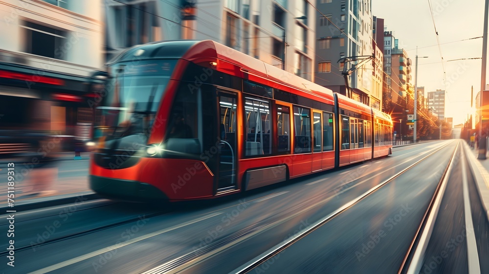 Red and Orange Light Rail Car Traveling Down City Street, To provide a striking and colorful image of a modern tram in a city setting, emphasizing