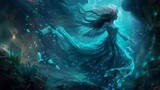 A mystical female with long, bioluminescent coral hair, exploring an underwater cave, in a flowing mermaid gown, surrounded by luminous sea creatures.