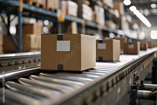 Cardboard box on conveyor belt in distribution warehouse.
