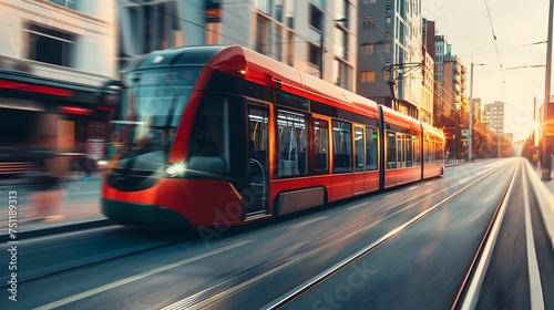 Red and Orange Light Rail Car Traveling Down City Street, To provide a striking and colorful image of a modern tram in a city setting, emphasizing