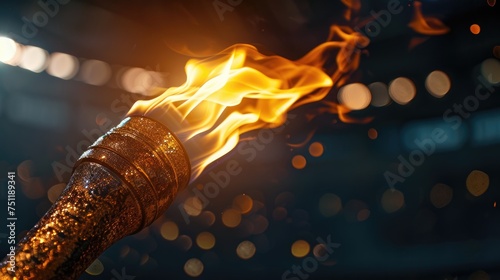 Torch with flame at sports event. Bokeh lights background and sporting concept