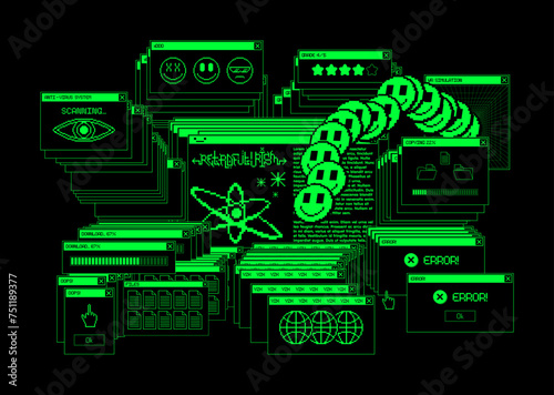 Retro art, old user interface windows with pixel elements from 00s, 90s. Old computer vibe, y2k, retrowave, vaporwave graphic box. Trendy y2k elements, retro UI, window pc, computer screen 90s. Vector