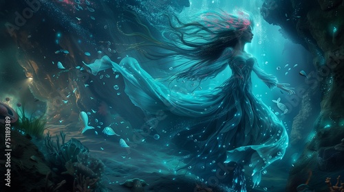A mystical female with long, bioluminescent coral hair, exploring an underwater cave, in a flowing mermaid gown, surrounded by luminous sea creatures.