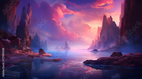 Fantasy alien planet. Mountain and lake. 3D illustration. #751189508