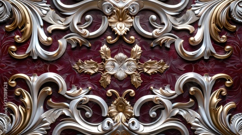 Ornate 3D wall panel with baroque patterns. Decorative architectural design on burgundy background