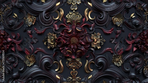 3D digital illustration of ornate floral baroque elements on dark background.