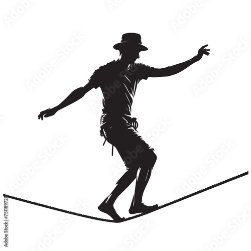 Silhouette of young man balancing on slackline high above clouds and mountains. Slackliner balancing on tightrope during sunset, highline silhouette.