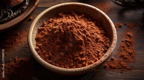 Bowl of cocoa powder on wooden table with scattered cocoa pieces.