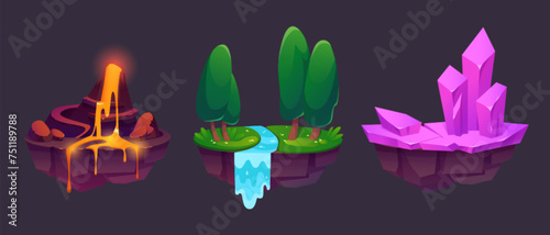 Flying islands set isolated on black background. Vector cartoon illustration of floating game platforms with volcano eruption, summer park with trees and river, pink mineral crystals, game design © klyaksun