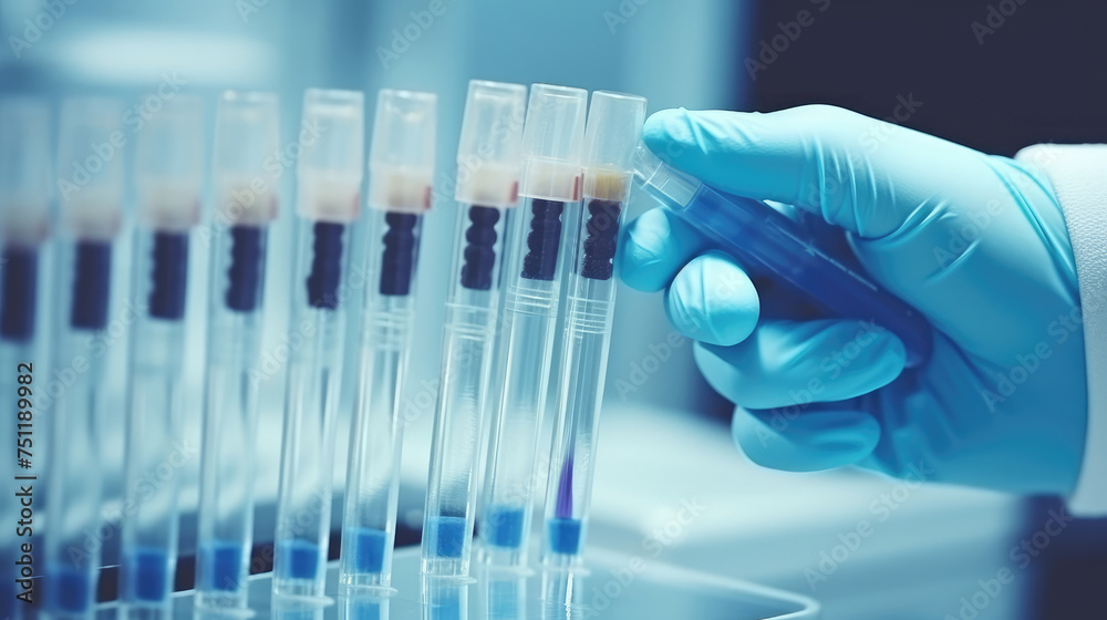 hand in blue rubber glove holding syringe pipette and injecting blue liquid into row of test tubes for medicine experiment in laboratory hand in blue rubber glove holding syringe pipette and injecting blue liquid into row of test tubes for medicine experiment in laboratory