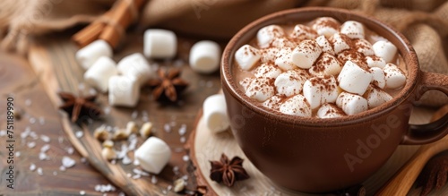 A cup filled with steaming hot chocolate topped with fluffy marshmallows and a sprinkle of cinnamon. The warm drink sits on a table, inviting a cozy atmosphere.