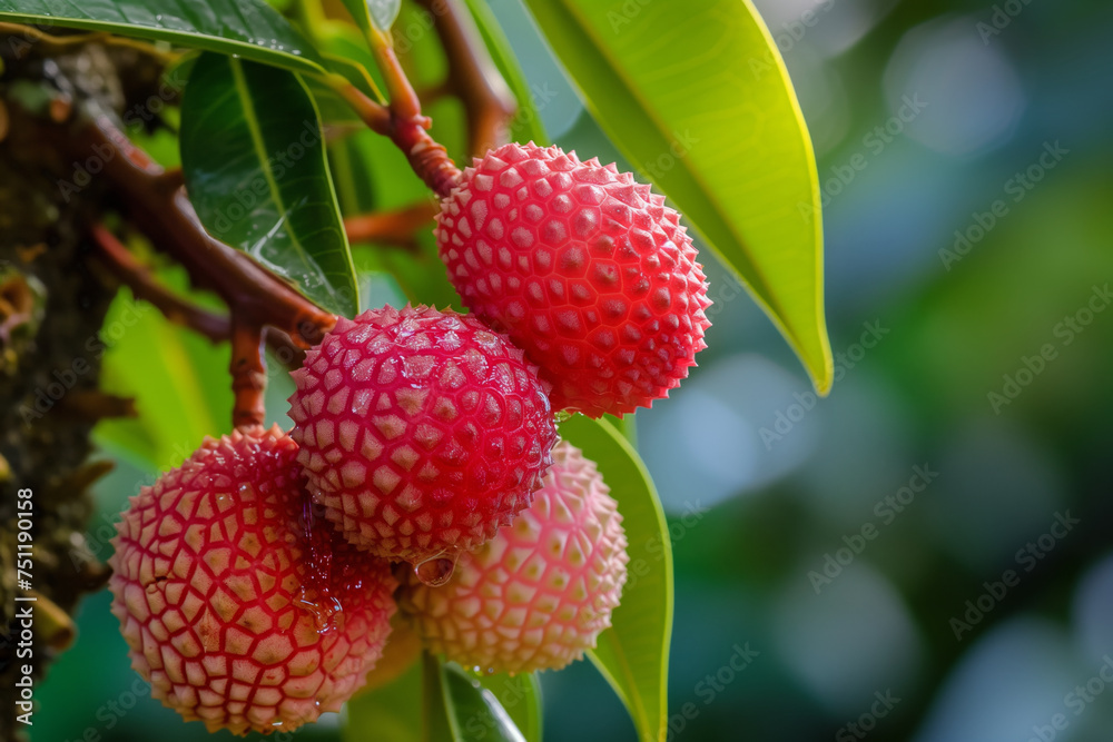 Juicy lychee berries on a branch with a blurred natural background. Juicy lychee berries on a branch with a blurred natural background.