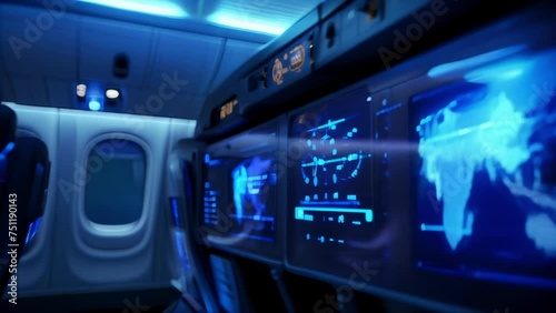 In an airplane cabin holographic displays provide pengers with realtime flight updates weather information and inflight entertainment options. photo