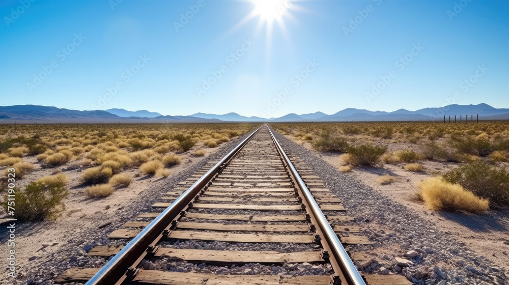railroad train transport line across a desert grassy landscape on a hot sunny day and clear blue sky railroad train transport line across a desert grassy landscape on a hot sunny day and clear blue sky