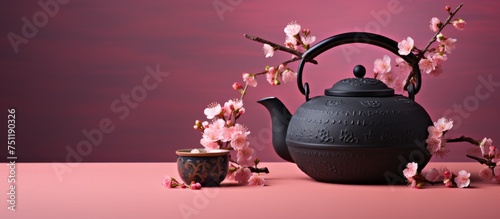 A black tea pot is placed next to a tea cup on a table. The tea cup is empty, while the tea pot appears to be filled with hot tea.