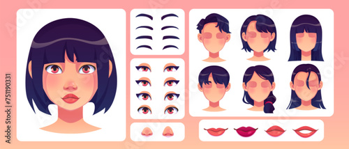 Girl face construction kit. Cartoon vector illustration set of various forms of eyes and brows, nose and lips, haircut for creation of female character avatar. Woman head generator for animation.