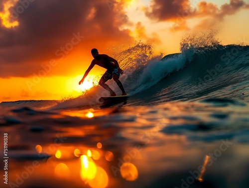 A surfer rides a majestic wave during a breathtaking sunset, embodying the thrill and beauty of surfing © cherezoff