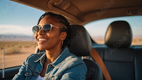 Black woman rides in a car and enjoys the views of the desert