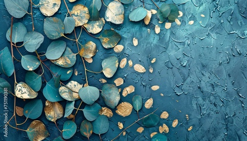 Golden Leaves on Blue Wall A Trendy and Seasonal Decoration Generative AI