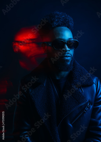 Stylish black man in sunglasses in dark room