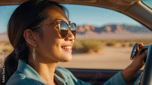 Asian woman rides in a car and enjoys the views of the desert