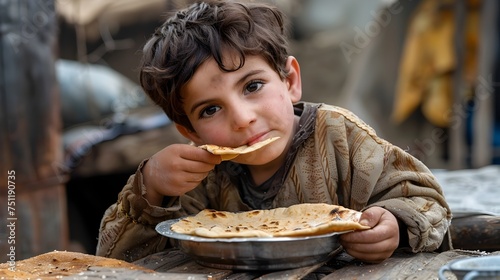 A Boy Enjoying His Meal in a Wooden Tent
