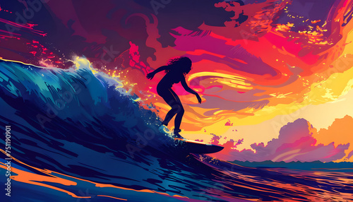 A digital illustration of a female surfer riding a wave with skill and grace her silhouette agains Generative AI