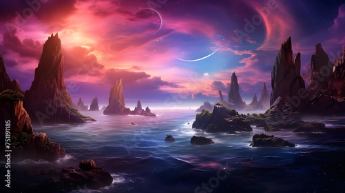 Fantasy alien planet. Mountain and sea. 3D illustration.