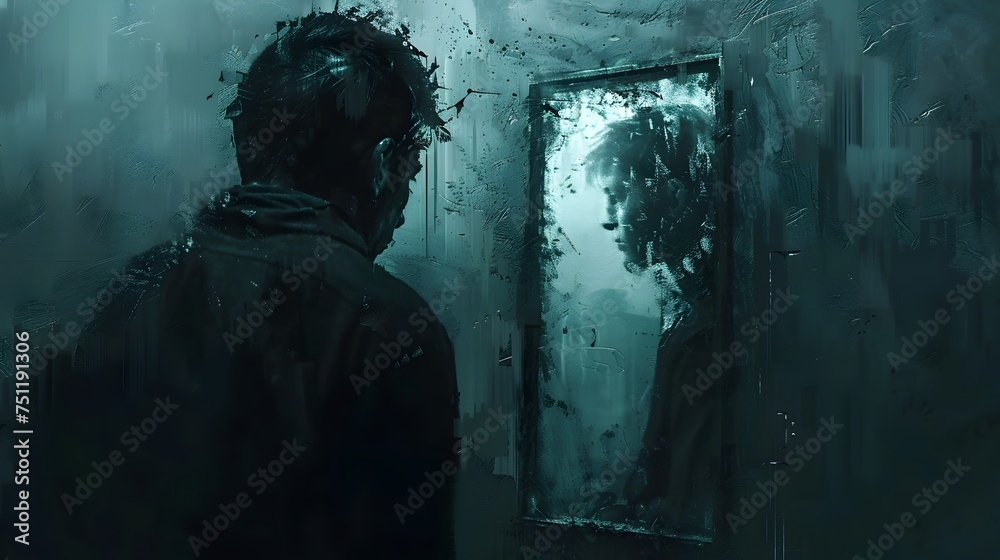 Fototapeta premium Dark Illustration of a Man Looking in the Mirror in a Cyberpunk Style