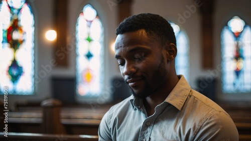 Handsome black man praying in the church