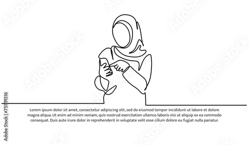 One continuous line of an Islamic woman holding phone for banner, poster, and greeting card.